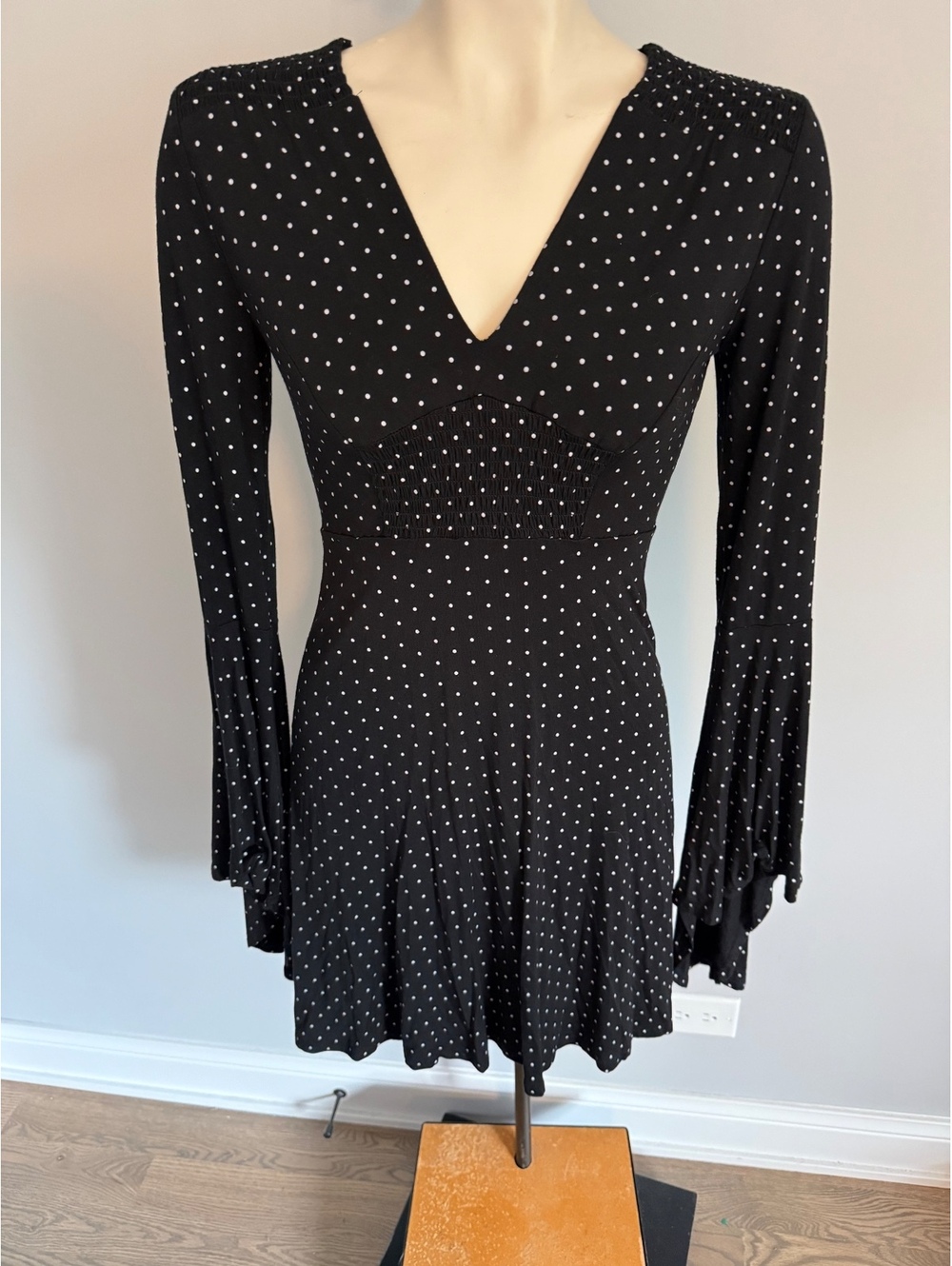 Venus Black Polka Dot Long Sleeve Dress with Flared Sleeves, Size XS - Picture 2 of 11